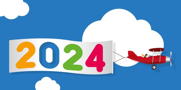 Tarjeta de felicitación humorística, mostrando un avión de hélice roja tirando de una pancarta blanca, anunciando la llegada del año 2024. - Vector, imagen