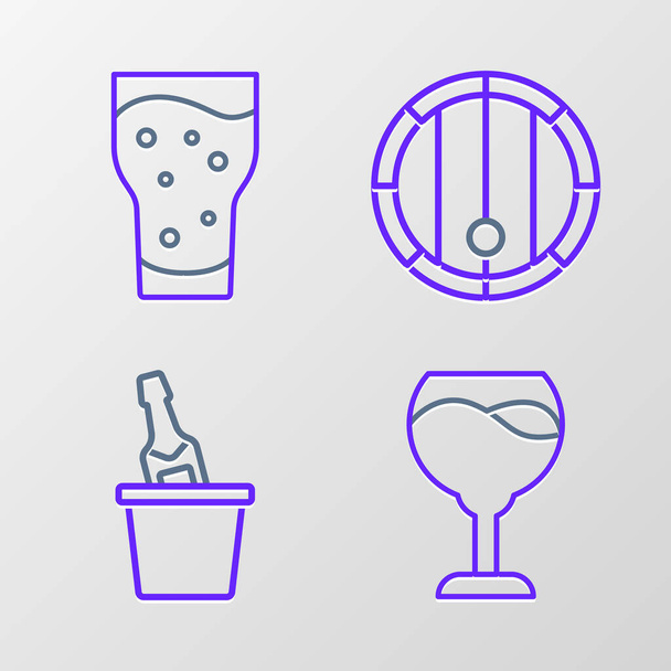 Set-Linie Weinglas, Champagner ein Eiseimer, Holzfass und Glas Bier-Ikone. Vektor - Vektor, Bild