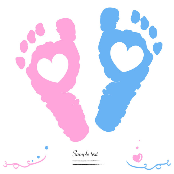 Twin baby girl and boy feet prints arrival greeting card vector - Vector, Image