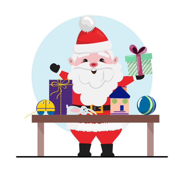Mignon Père Noël occupé à emballer des cadeaux pour les enfants dans l'atelier  - Vecteur, image