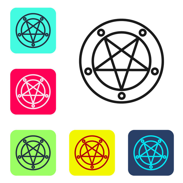 Černá čára Pentagram v kruhu ikona izolované na bílém pozadí. Magický okultní hvězdný symbol. Nastavit ikony v barevných čtvercových tlačítcích. Vektor - Vektor, obrázek