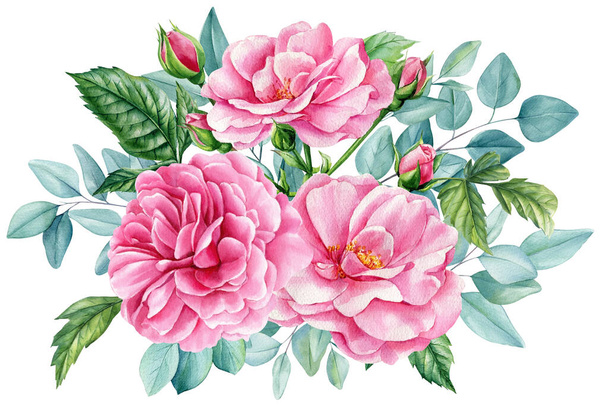 Virágcsokor, rózsa, eukaliptusz, elegáns zöld levelek, akvarell botanikai illusztráció. Virágmintás. Kiváló minőségű illusztráció - Fotó, kép