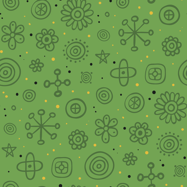 Green pattern with cute elements and yellow dots - Vector, Imagen