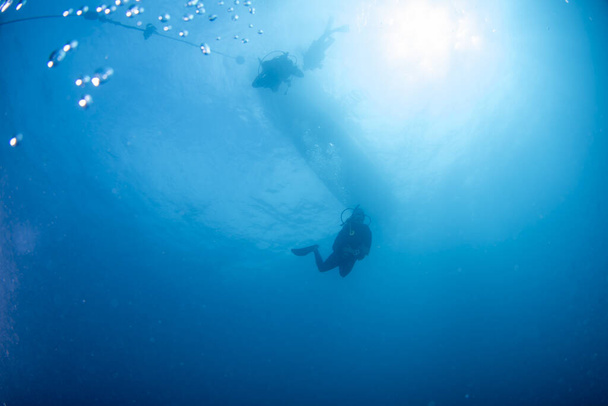 Néhány búvár a hajó alatt a kék tengerben Víz alatti lövés sziluettekkel búvárok és fénysugarak ragyog a felszínen - Fotó, kép