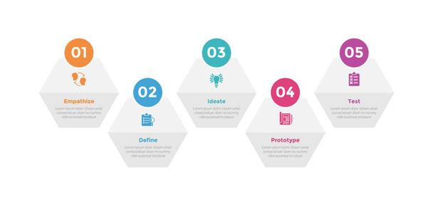 design thinking process infographics template diagram with hexagon up and down horizontal line with 5 point step creative design for slide presentation vector - Vetor, Imagem