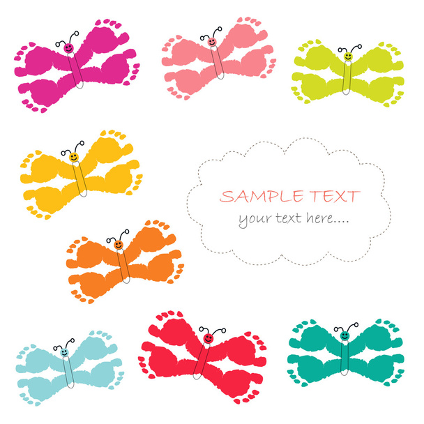 Butterfly with baby foot prints greeting card - Vector, imagen