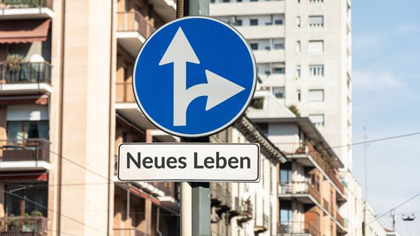 Een afbeelding van een wegwijzer in het Duits die wijst in de richting van New Life. - Foto, afbeelding