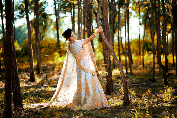 Gyönyörű indiai menyasszony hagyományos esküvői ruhák az erdőben - Fotó, kép