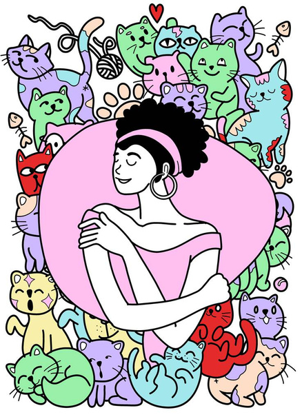 Zeichnung einer glücklichen jungen Dame, die sich umarmt, umgeben von verspielten und entzückenden Kätzchen. Es ist ein handgezeichnetes Bild mit klaren Linien. - Vektor, Bild