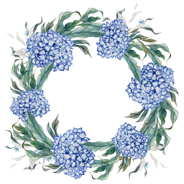 Häät akvarelli seppele vihreät lehdet ja sininen hortensia kukkia.Kuvitus - Valokuva, kuva