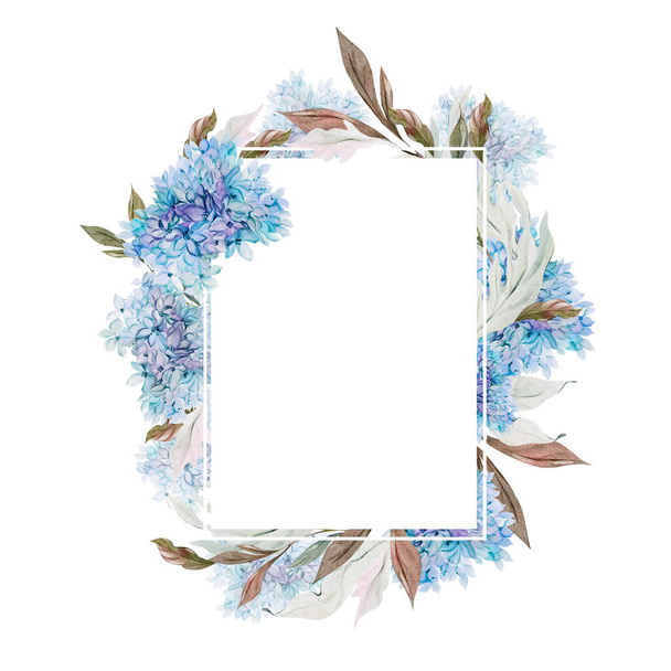 ハイドレンジアの葉と花が付いたウォーターカラーカード. イラストレーション - 写真・画像