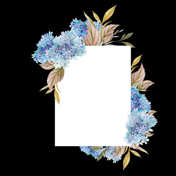 Весільна акварельна листівка з листям гортензії та квітами. Ілюстрація - Фото, зображення
