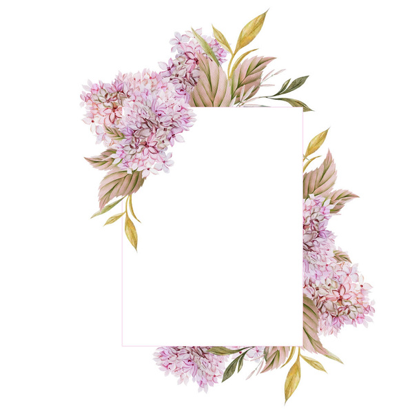 Cartão de aquarela de casamento com folhas de hortênsia e flores. Ilustração - Foto, Imagem