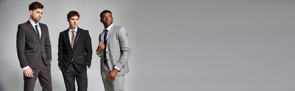 atrayentes modelos masculinos interracial en trajes elegantes de negocios posando sobre fondo gris, pancarta - Foto, Imagen