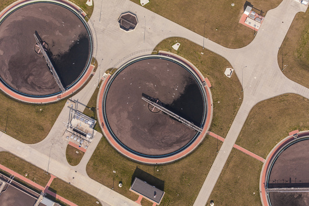 aerial view of sewage treatment plant - 写真・画像