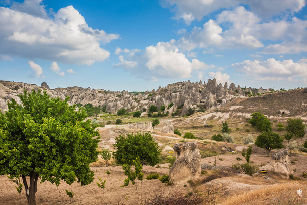 Skalnatá krajina v Kappadokii, Turecko. Cestujte do Cappadocie. Neobvyklá polopouštní pohoří. Úžasná skalnatá letní krajina v Cappadocia Goreme - Fotografie, Obrázek