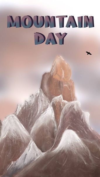 Snowy rocky landscape with an eagle flying over the mountains with the text Mountain Day - Vector, Image