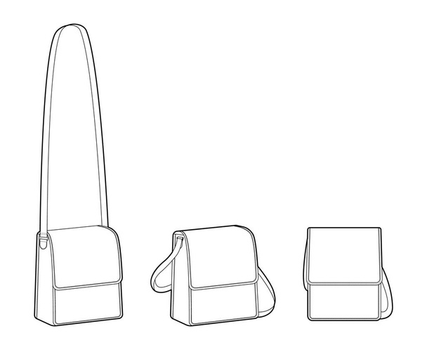 Noord-Zuid Cross-Body Bag silhouet. Mode accessoire technische illustratie. Vector satchel front 3-4 zicht voor mannen, vrouwen, unisex stijl, platte handtas CAD mockup schets omtrek geïsoleerd - Vector, afbeelding