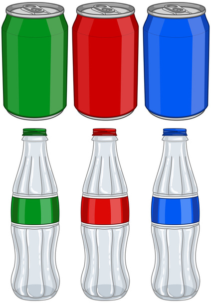 Soda Cola Aluminium Cans Glass Bottles Three Colors - Vector, Image