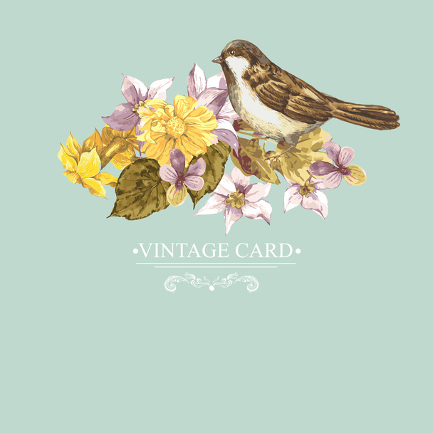 Floral Retro Card with Bird Sparrows - Vector, imagen