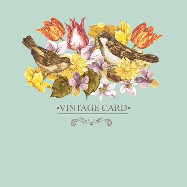 Spring Floral Retro Card with Bird Sparrows - Vector, Image