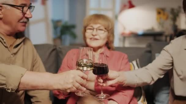 Cropped shot of elderly friends clinking glasses and saying cheers to each other at comfy home party - Footage, Video