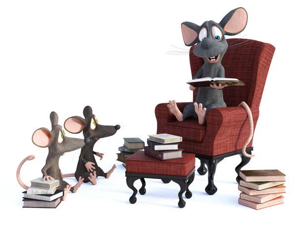 3D rendering of cute smiling cartoon mouse sitting in cosy armchair, reading book aloud for two mice children. Piles of books on the floor. White background with copyspace. Reading concept. - Photo, Image