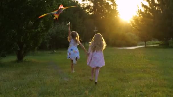 Vue arrière de petits enfants heureux courant sur la nature volant cerf-volant coloré. Arrière de jolies filles mignonnes courent en plein air dans le parc. En temps réel. Les enfants insouciants jouent dehors. Concept d'enfance heureuse - Séquence, vidéo
