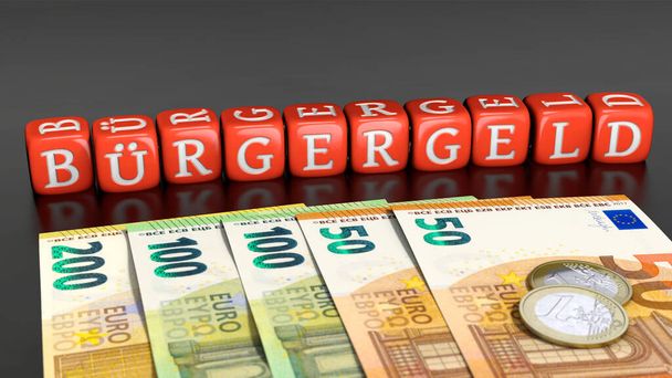 Kości z niemieckim słowem "Buergergeld" (dochód obywatela) na banknotach euro - Zdjęcie, obraz