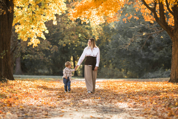 Äitienpäivä, rakkausperhe. Perhe syksyllä kävellä luonnossa ulkona. Äiti ja lapsi halaus arkuus - Valokuva, kuva