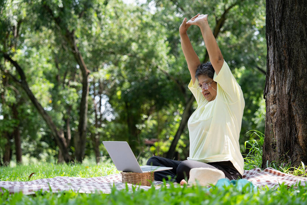 Mulher sênior asiática feliz usando laptop para trabalhar on-line fora do escritório. Reforma idosa usando laptop para aprender novas habilidades e freelance trabalhando no parque, estilo de vida sênior com tecnologia - Foto, Imagem