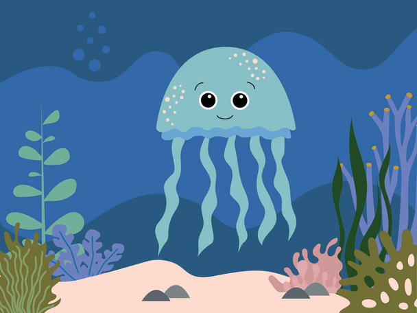 Mundo subaquático colorido com água-viva nadando entre as algas e rochas, ilustração de desenho animado vetorial. Ilustração vetorial - Vetor, Imagem