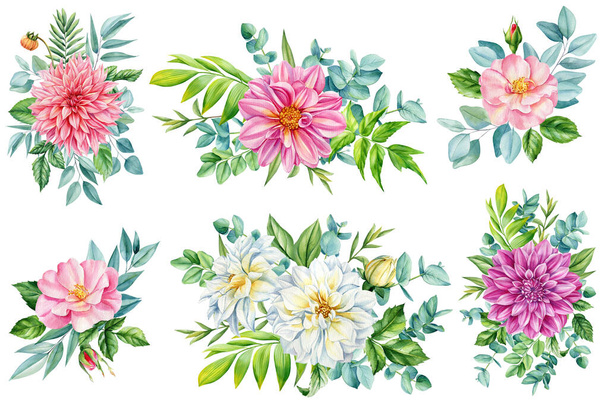 květinový design kytice. květina Dahlias, růže, eukalyptus, listy zeleně Svatební pozvánka Akvarel botanika Ilustrace. Vysoce kvalitní ilustrace - Fotografie, Obrázek