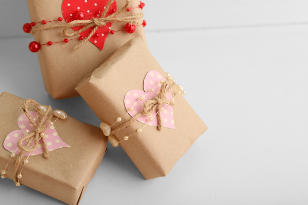 Beautiful gift boxes close-up. Valentine Day concept - Fotoğraf, Görsel