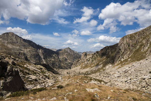 Hermoso paisaje del parque natural de Aigestortes y Estany de Sant Maurici, valle de los Pirineos con río y lago - Foto, Imagen