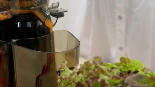 A gyümölcsfacsaró répalevet vagy turmixot készít. nő gyümölcslevet készít gyümölcsfacsaró gép. - Felvétel, videó