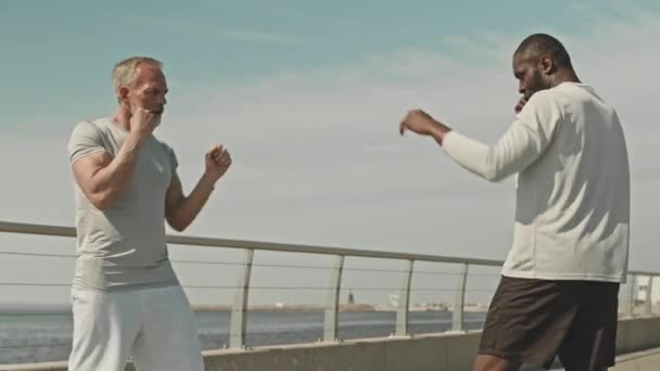 Senior ősz hajú férfi dob ütéseket, miközben megtanulják boksz segítségével fekete személyi edző a szabadban a városi folyóparton - Felvétel, videó