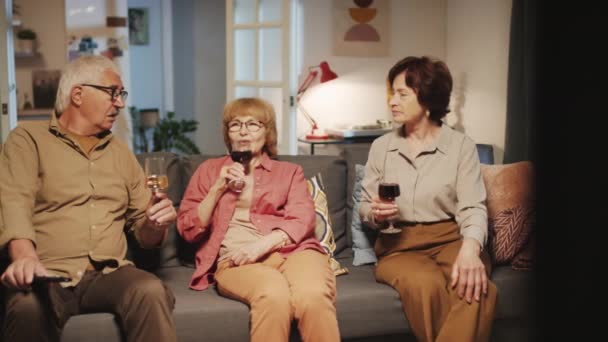 Medium long shot de idosos gostando de passar tempo juntos, bebendo champanhe e vinho quando sentados no sofá em apartamento acolhedor - Filmagem, Vídeo