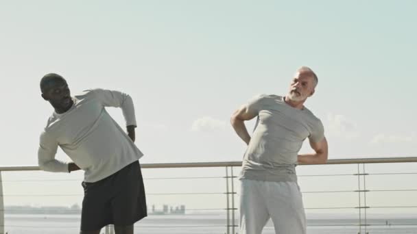 Medium long shot of senior man and African American fitness trainer doing stretching exercises on urban riverbank during outdoor workout on sunny day - Footage, Video