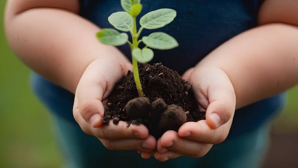 close-up van een paar handen van een kind houden een stapel grond met een plant groeien. plant in handen - Foto, afbeelding
