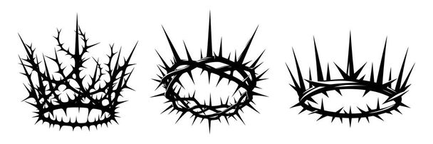 Corona de espinas iconos conjunto. Silueta negra de un símbolo religioso del cristianismo. Ilustración vectorial. - Vector, imagen