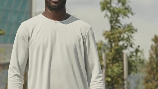 Portré dönthető fel lövés a fiatal sportos afro-amerikai férfi áll a szabadban a város utcáján, és pózol a kamera keresztbe tett karokkal - Felvétel, videó