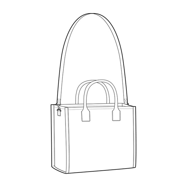 Tote Cross-Body Box Bag зі знімними параметрами ремінця. Технічна ілюстрація модного аксесуара. Векторний шолом спереду 3-4 вигляд для чоловіків, жіночий стиль, плоска сумка CAD макет ескізу контур ізольовані - Вектор, зображення