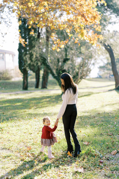 Το κοριτσάκι περπατάει με τη μαμά της κρατώντας τα χέρια στο πάρκο, γυρνώντας. Υψηλής ποιότητας φωτογραφία - Φωτογραφία, εικόνα