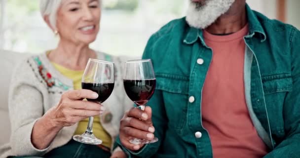 Home, cheers and senior couple with red wine, celebration and anniversary with happiness, interracial and relax. Toast, elderly man and old woman with alcohol, glasses and marriage with relationship. - Footage, Video