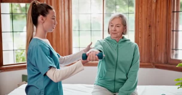 Office, nurse and senior woman with fitness, stretching and healthcare with rehabilitation, wellness or talking. Mature person, patient and elderly lady with caregiver, physical therapist or exercise. - Footage, Video