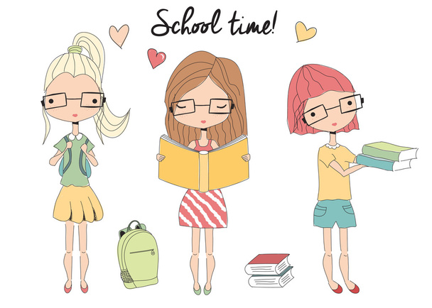 Tre giovani ragazze della scuola con occhiali, borsa della scuola, libri
 - Vettoriali, immagini