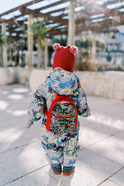 Маленька дитина в комбінезоні з рюкзаком стоїть на плитці в саду і дивиться на перголу. Вид ззаду. Високоякісна фотографія - Фото, зображення