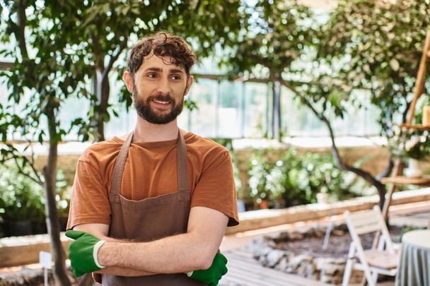 headshots profissionais, jardineiro barbudo alegre em avental e luvas posando em estufa - Foto, Imagem