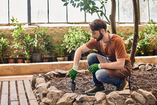 hermoso jardinero barbudo en guantes y delantal excavación con una pequeña pala bajo el árbol en invernadero - Foto, imagen